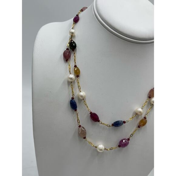 V Quartz Topaz Sapphire Citrine Freshwater Pearl Gold Vermeil Layer Necklace - Picture 12 of 15